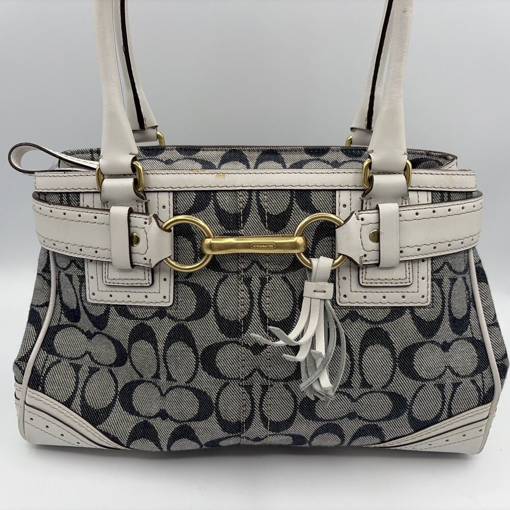 COACH Handbag Signature Denim Leather Tassel Gold Hardware Canvas Y2K White Blue - Picture 2 of 16